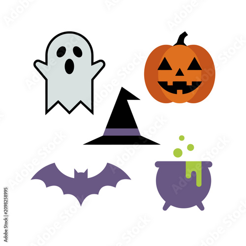 A set of simple Halloween icons including a ghost, pumpkin, bat and cauldron