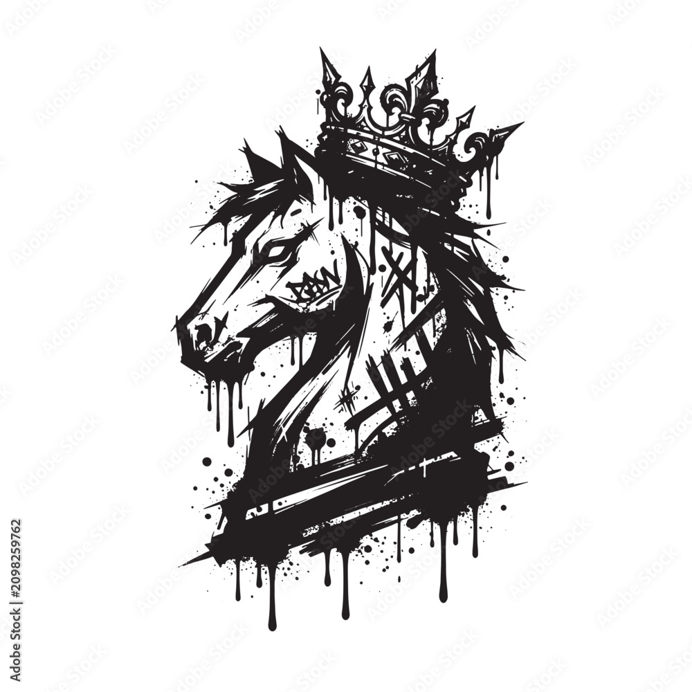 Obraz premium Black and white of a horse head wearing a crown with ink drip and splatter effects and graffiti style markings on a white background