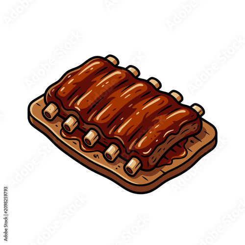 Barbecued ribs on a wooden plate.
