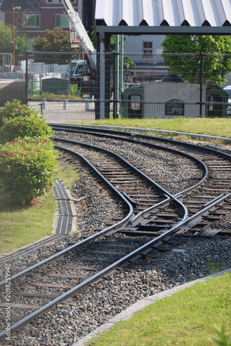 Kyushu Railway History Museum outdoor exhibition miniature train track switch on the ground in Fukuoka, Japan, May 13, 2026