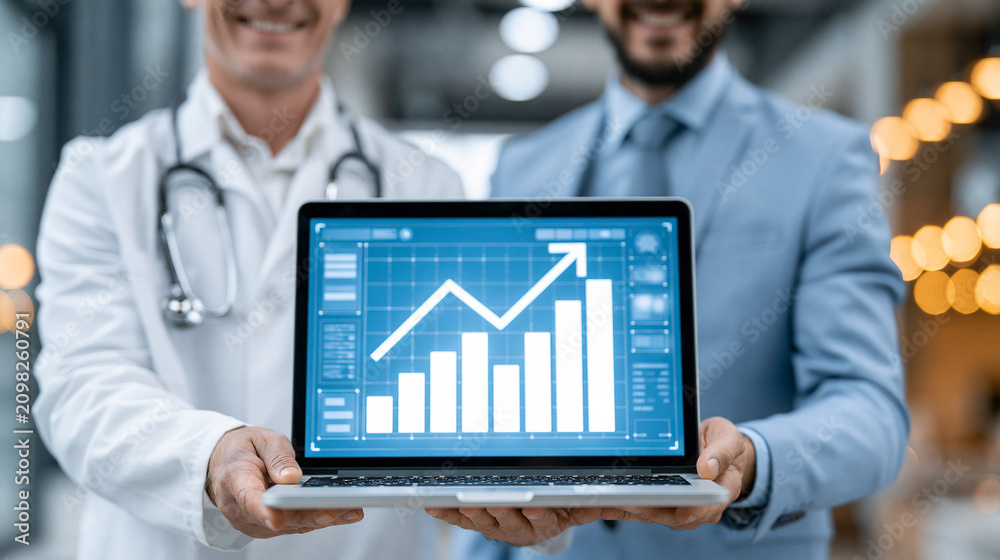 Fototapeta premium Healthcare Growth Strategy: A doctor in a white coat and a businessman in a suit jointly present a laptop displaying a rising bar graph and arrow.
