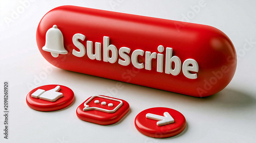 Subscribe Button and Icons: A 3D rendered red subscribe button with a notification bell symbol and accompanying like, comment, and share icons, representing social media engagement and channel growth.