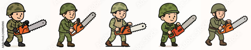 Fototapeta premium Set of vector illustrations of soldiers holding chainsaws.