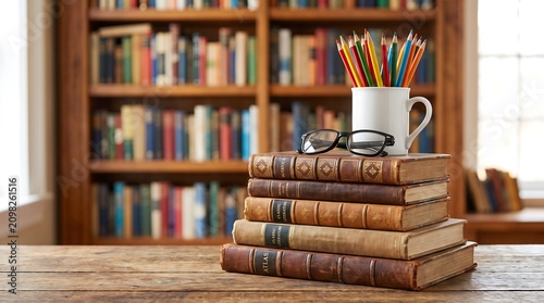 Teachers day appreciation stack of vintage books glasses and colorful pencils education concept
