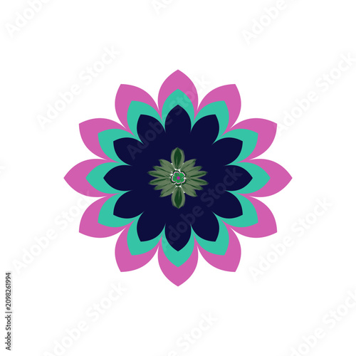 Isolated luxury pink navy blue mandala rosette graphic element on white background, symmetrical layered circular floral ornament for textile print.