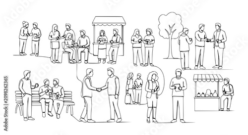 Diverse people interacting at outdoor stalls and social gatherings, line art illustration