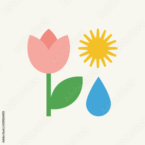 A minimalist vector illustration of a pink tulip, yellow sun and blue water drop