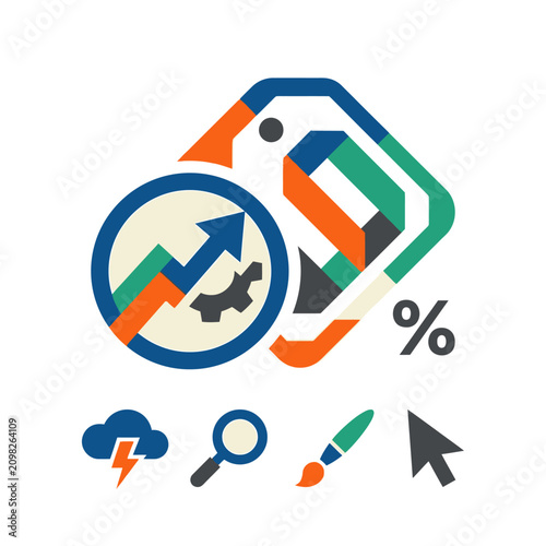 A collection of colorful business and marketing icons on a white background