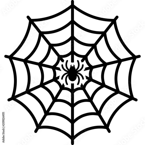 Black spider web silhouette with a spider in the center on a white background