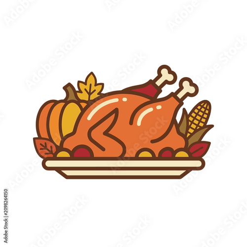 A vector illustration of a roasted Thanksgiving turkey on a platter