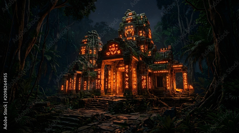 Fototapeta premium Ancient stone temple glowing with mystical orange symbols in night jungle