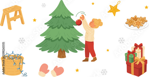 Cute Cartoon Girl Decorating Christmas Tree Vector Set with Gift Boxes Gingerbread Cookies String Lights Mittens and Stepladder Element Illustrations
