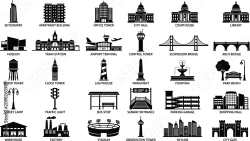 Comprehensive collection of black and white city and urban structure icons architectural elements