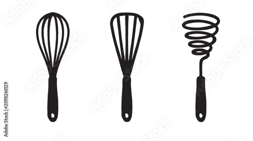 Three simple kitchen whisks with different wire shapes and handles drawn in a clean line style on a graffiti white background, for culinary and, cooking themes