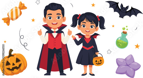 Foto Cute Little Children Wearing Vampire Costumes Holding Pumpkin Bucket Vector Char