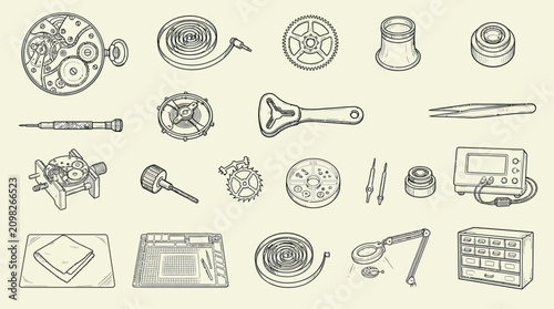Photos Collection of watchmaking tools and components, meticulously arranged for repair and assembly