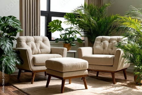 Mid-century armchairs and ottoman arranged in a bright sunlit lounge with tropical houseplants for interior design marketing