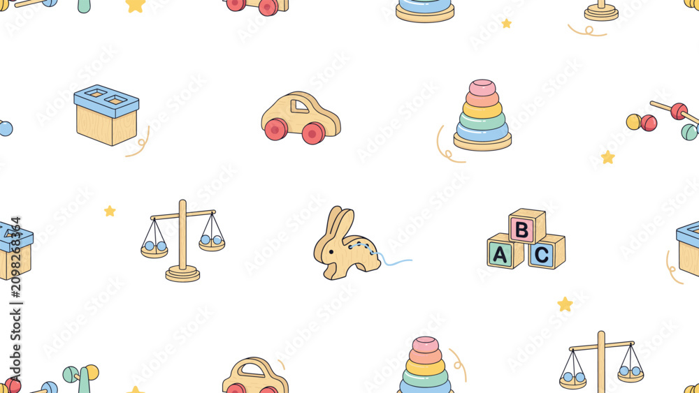 Fototapeta premium Cute Wooden Baby Toys Seamless Pattern Background with Car, Pyramid Tower, ABC Blocks, and Scale Icons for Nursery Wallpaper and Children Textile Designs