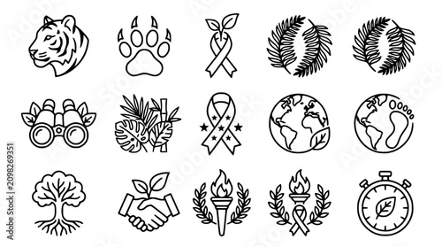 Tableau sur toile Nature Conservation Icons: Tiger, Paw Print, Earth, Tree, Plants, Ribbons, Stopw