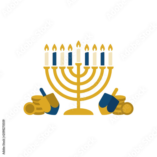 A flat vector illustration of a Hanukkah menorah with candles and dreidels