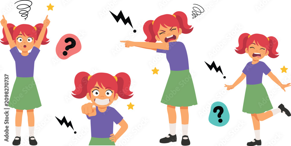 Fototapeta premium Cute Cartoon Girl Character with Red Hair Showing Different Angry Poses Negative Emotions Shouting Pointing and Tantrum Gestures Vector Illustration Set