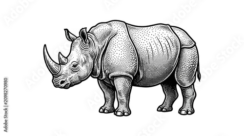 Foto Large Gray Rhinoceros Standing Alone.