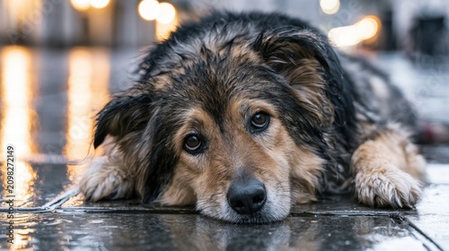 Close up of sad brown and black dog lying on wet pavement with reflective surface and soft glowing street lights in background at dusk or early evening