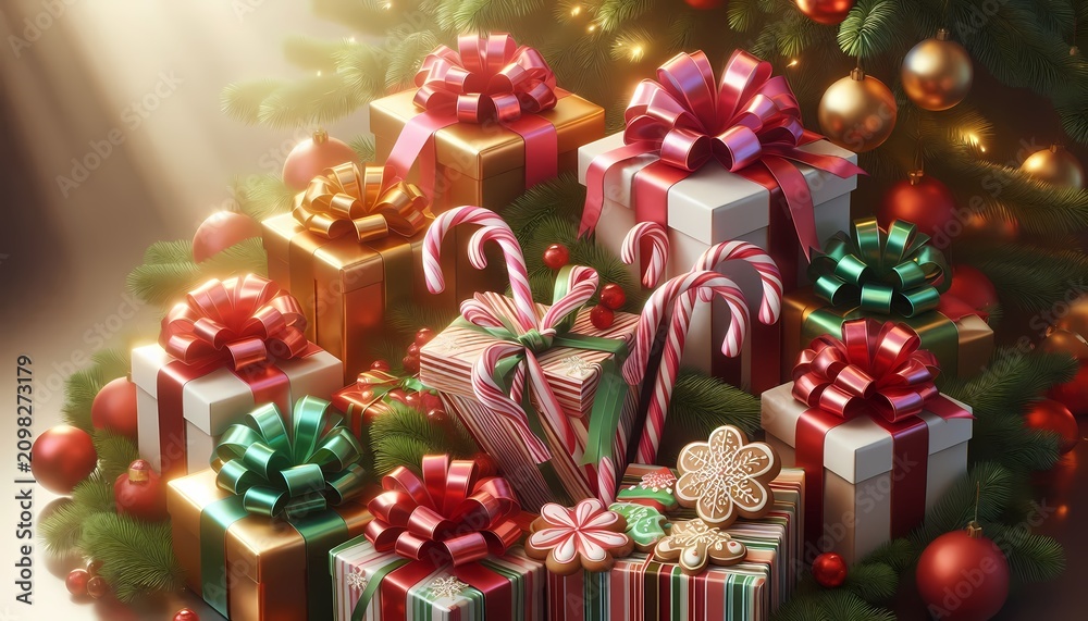 Fototapeta premium A traditional Christmas border with wrapped gifts and holiday treats in warm festive colors, Ai generated image
