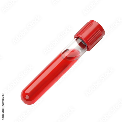 Glass test tube with red blood sample isolated on transparent background