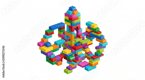 Abstract 3D Construction Made of Colorful Interlocking Plastic Building Blocks Isolated on a Clean White Background