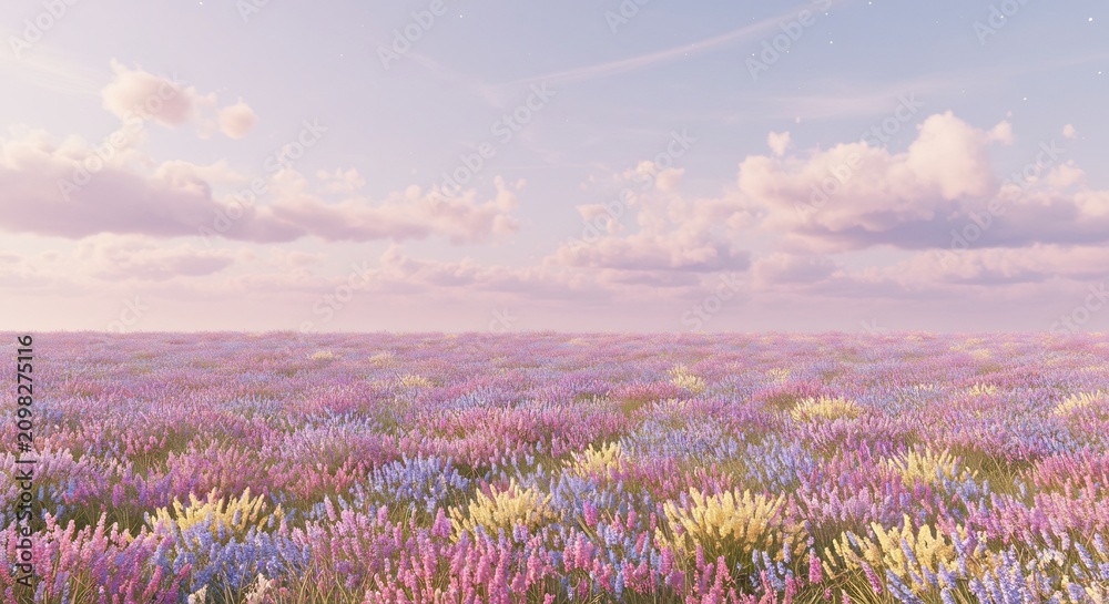 Obraz premium Lavender Field Serenity: A breathtaking expanse of blooming lavender fields stretches towards a soft, pastel sky, creating a serene and tranquil atmosphere.