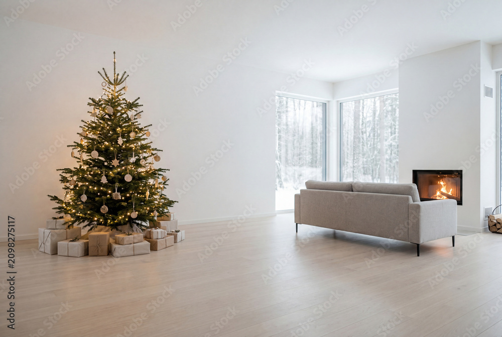 Obraz premium Minimalist white living room featuring a glowing christmas tree and modern sofa facing a fireplace