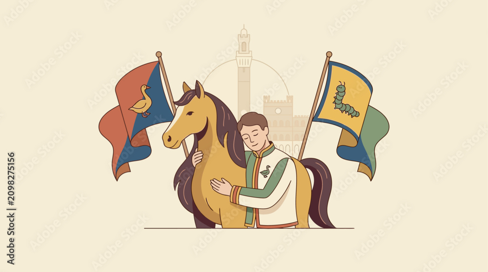 Fototapeta premium Italian horse race rider hugging his horse. Traditional medieval festival equestrian event illustration.