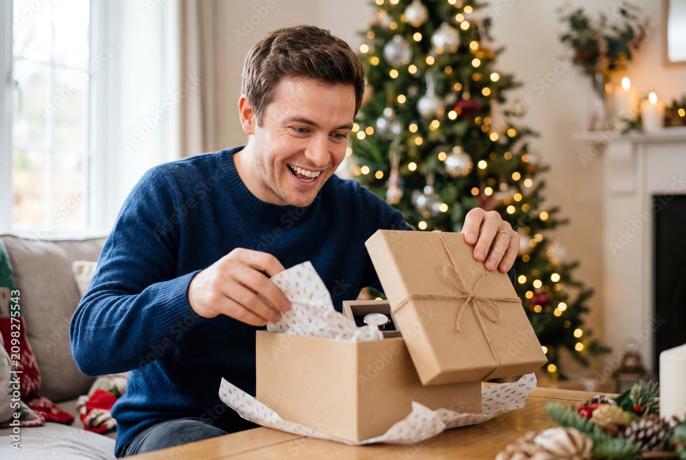 Obraz premium Happy man opening gift box in front of decorated christmas tree