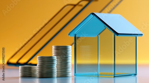 Glass house model and silver coin stacks on yellow background in a sharp focus macro shot for real estate investment and mortgage marketing