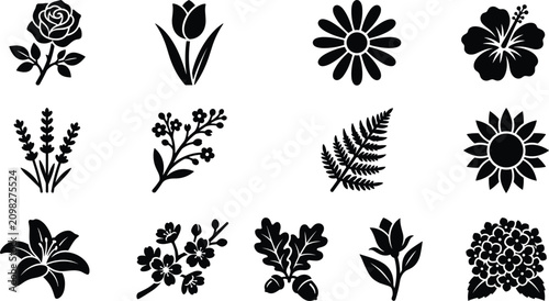 Garden flower and botanical leaf stencil silhouette icon set featuring rose tulip daisy lily lavender sunflower and cherry blossom vectors for craft cutting
