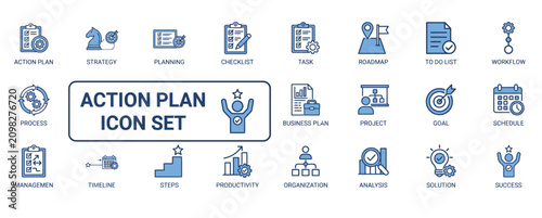 Strategic action plan and business management icon set for corporate productivity and goals