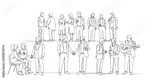 Diverse Group of People in Line Art Style - Business and Casual Gatherings