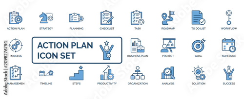 Business action plan and project management icon set for corporate strategy and productivity