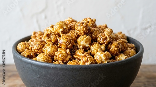 Golden Caramel Popcorn in Dark Bowl on Wooden Surface