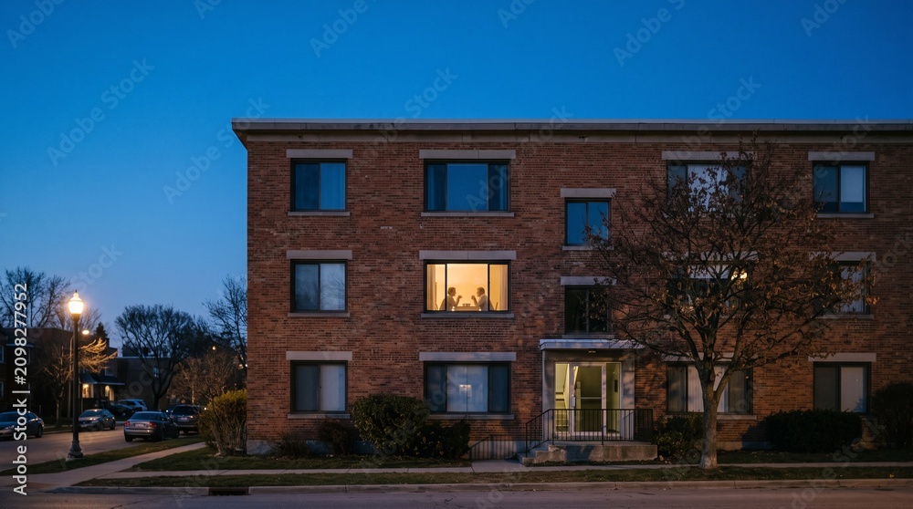 Fototapeta premium Couple having romantic candlelit dinner visible through illuminated apartment window at blue hour dusk