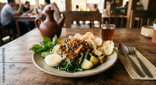Title: Traditional Indonesian Gado-Gado with Peanut Sauce, Authentic Restaurant Setting