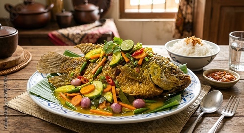  Fried Gourami Fish in Spicy Yellow Sauce, Authentic Indonesian Seafood Dish