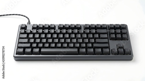 Black Mechanical Keyboard with Wired Cable on White Surface