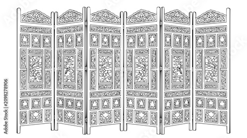 Intricate line art illustration of an ornate six panel folding room divider