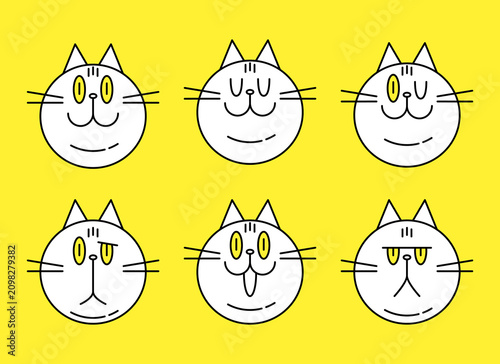 Tableau sur toile Line art vector flat illustration of a cute cat facial expressions set with different emotions on a yellow background