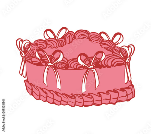 Vector image of a cake. Vintage style dessert with delicate white bows. Heart shaped cake with wavy edges and cream swirls. For birthday invitations, greeting cards, party banners. Flat retro style.