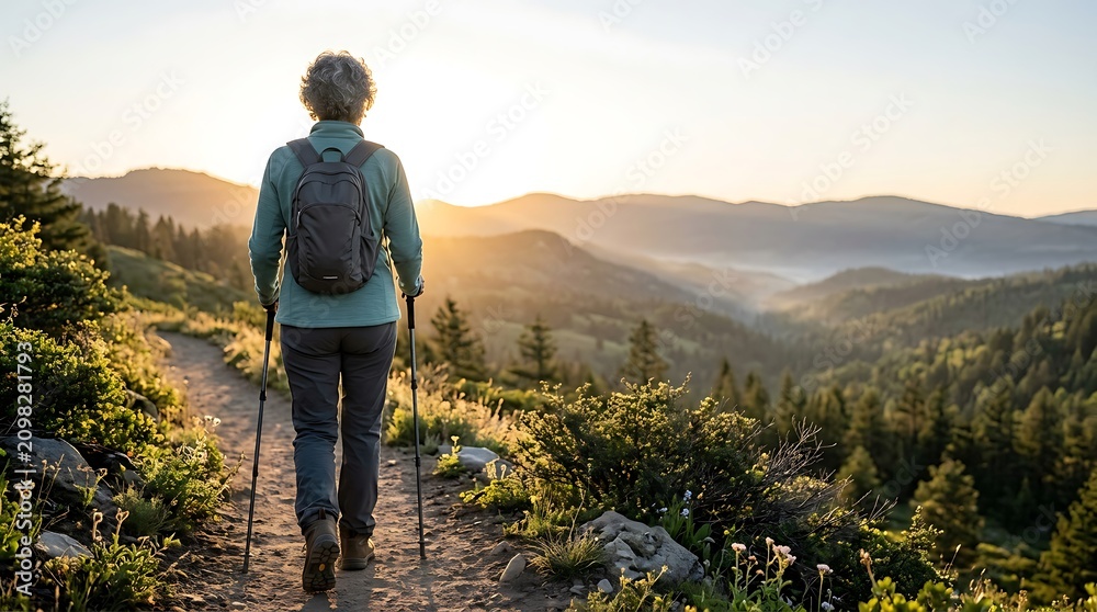 Obraz premium Woman hiking on a mountain trail at sunrise with trekking poles and backpack