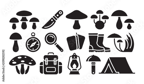 Konstfotografi Mushroom foraging set with backpack knife boots compass lantern and tent