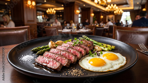 Premium Wagyu Steak with Fried Eggs and Grilled Asparagus on Black Plate